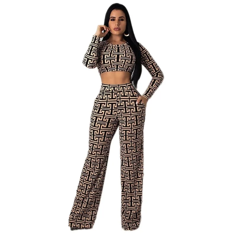 

Women's Printed Waist-revealing Long-sleeved Trousers and Trousers Set O-Neck Casual Womens Clothing Two Piece Pants Set Women