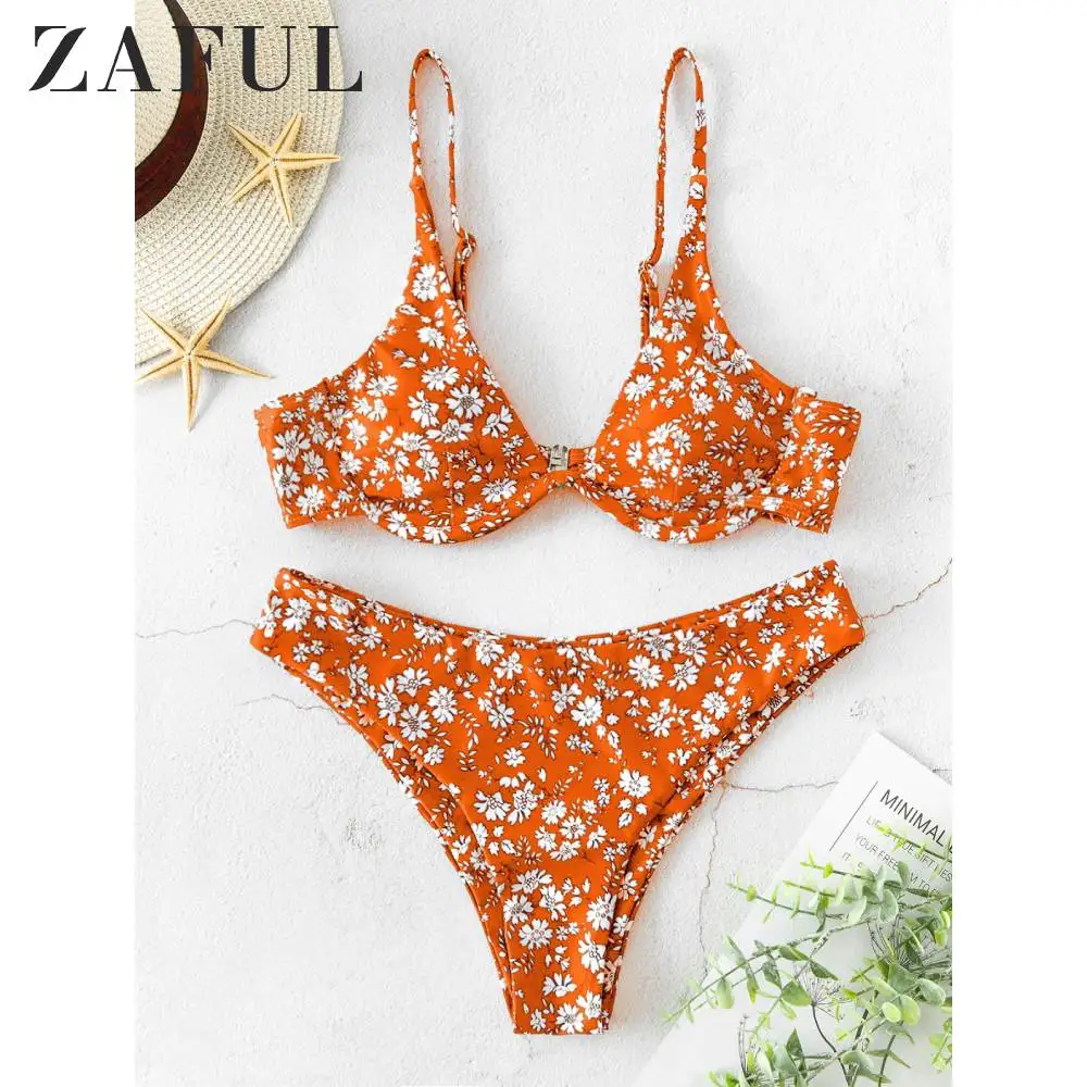 ZAFUL 2020 Women Tiny Floral Underwire Cami Bikini Swimsuit Push Up Spaghetti Straps Bikini Sets Pa