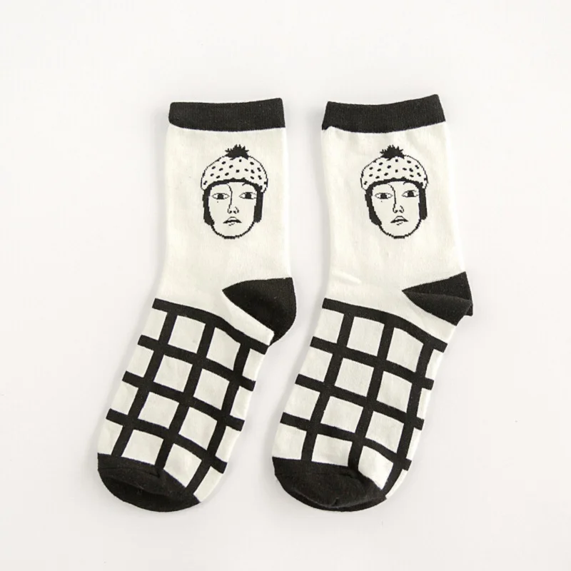 Однотонные Хлопковые женские носки в стиле Харадзюку с забавными креативными мультяшными рисунками, черно-белые носки в полоску, японские сексуальные мужские и женские носки