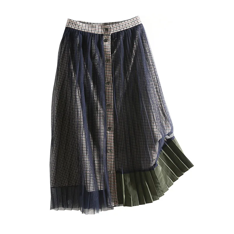 

One's Retro Elegant New Style High-waisted Pattern Pleated Mid-length A- line Gauze Skirt Entity