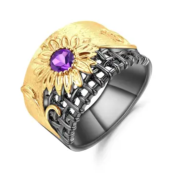 

GEM'S BALLET 925 Sterling Silver Handmade Gold Chrysanthemum Rings for Women 0.28Ct Natural Amethyst Gemstones Ring Fine Jewelry