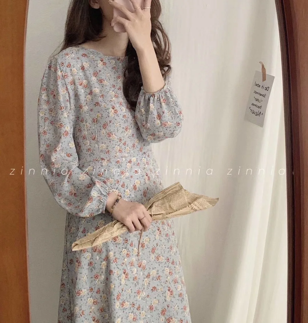 

2020 Early Spring New Style Korean-style Crew Neck Floral Base Dress Medium-length Dress Women's