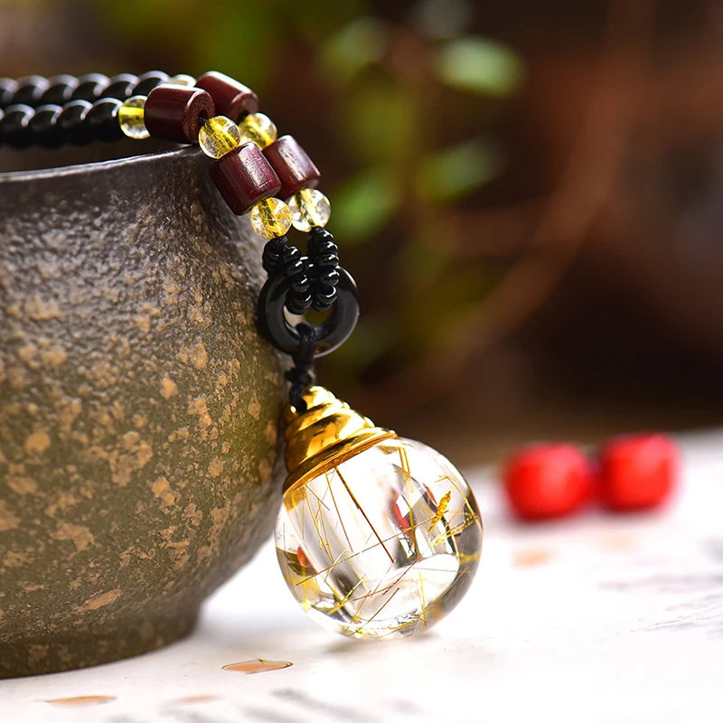 

Rutilated Quartz Natural Crystal Pendants Wishing Bottle Pendant Necklace for Women Men Evil Spirits Amulet Jewelry Gift