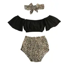 Infant Baby Girl Clothes Sets 0-18M Solid Off-Shoulder Tops Vest Leopard Print Shorts Headband 3PCS Outfits Set