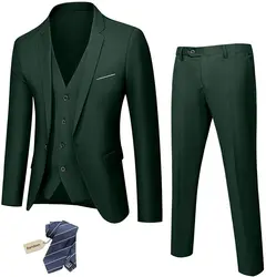 Men's Slim Fit 3 Piece Suit, One Button Solid Jacket Vest Pants Set with Tie