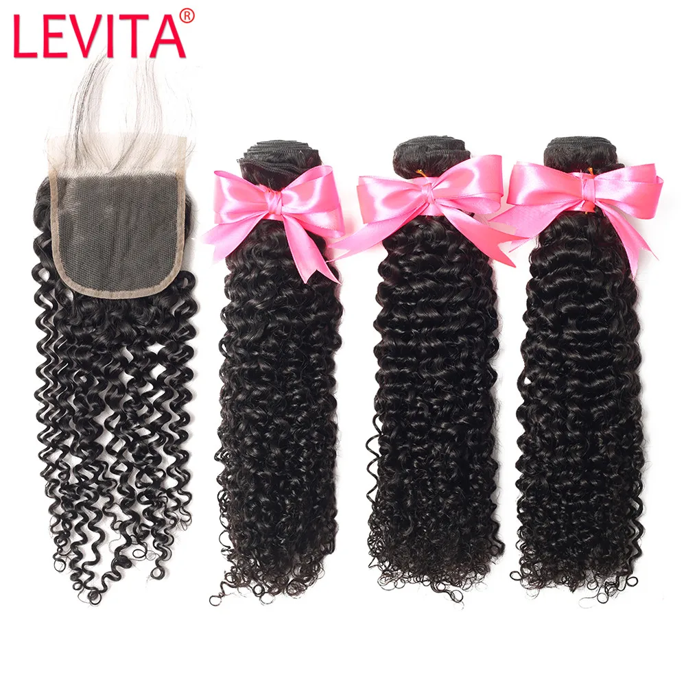 Levita перуанские вьющиеся волосы 3 пучка с закрытием бесплатная часть средний пробор 8-26 дюймов Кружева Закрытие с волосами младенца не Реми