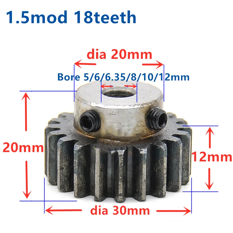 

2pcs Spur Gear pinion 1.5M 18T 1.5 mod gear rack 18 teeth bore 5/6/6.35/8/10/12mm 45teel pinion teeth high frequency quenching