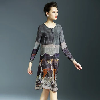 

Women Silk 100% Real 2020 Summer New Style Upscale Casual Vintage Print Dress Loose Long Sleeve Ladies Dresses AW0426