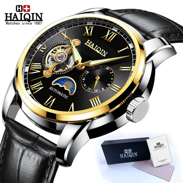 HAIQIN Automatic Mechanical Watch Men Stainless Steel Watches Mens Brand Luxury Business Waterproof Wristwatch relogio masculino Gold Black
