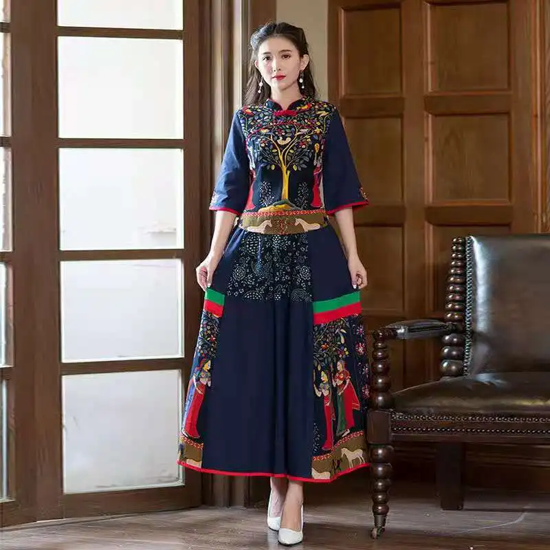 

Women National Style Cheongsam Print Linen Slim Qipao Dress Vintage Elegant Buckle Tang Suit Tratitional Chinese Tops Skirt 5XL