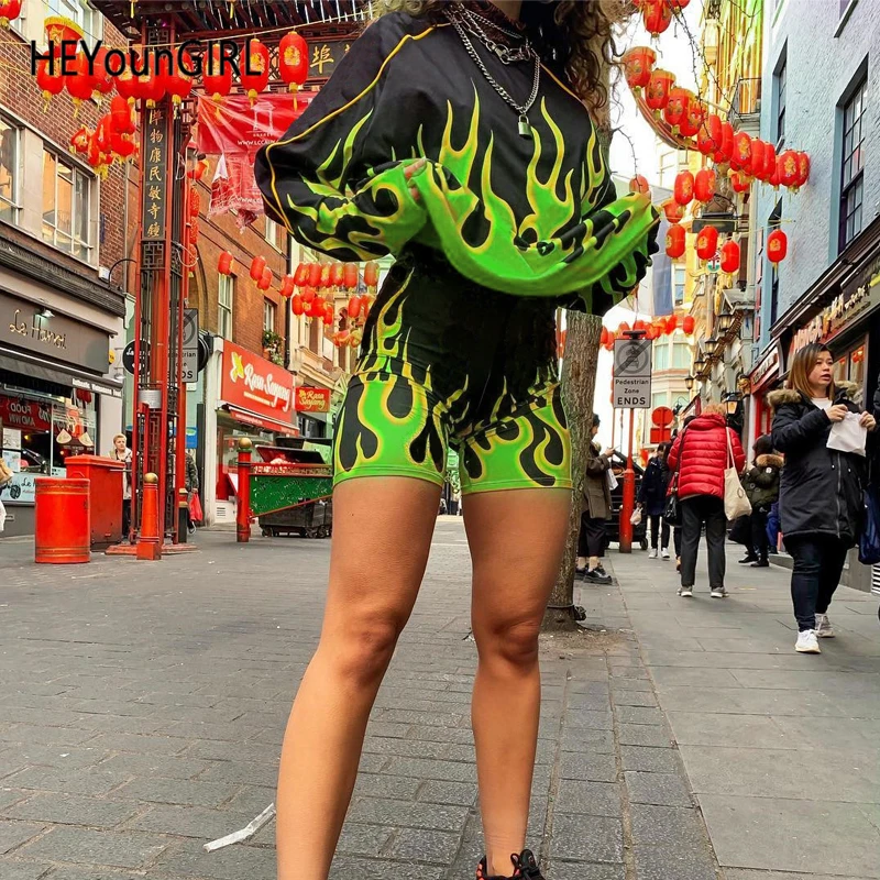 

HEYounGIRL Flame Print Biker Shorts and Top Fitness Harajuku Casual Outfits Ladies Autumn Tracksuit Women Fashion Streetwear