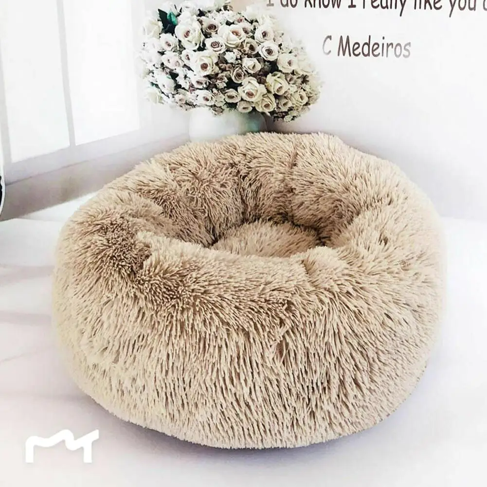 Домашняя собака кошка Успокаивающая кровать круглое гнездо теплый мягкий плюш удобный шаг веганский мех пончик для сна зима