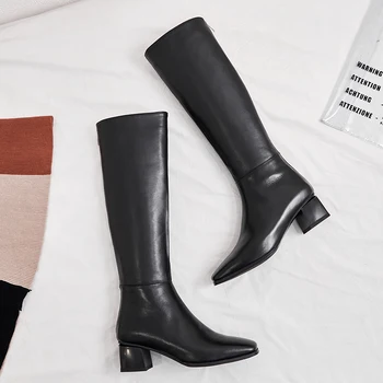 

Women Winter Women Knee High Boots Concise Long Boots Cow Leather low Heels office ladies dress shoes Woman Big Size 41 42 43