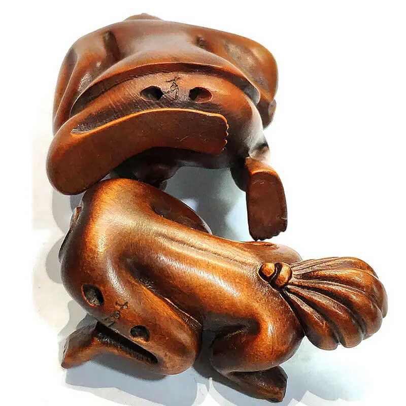 Y7089-2" Hand Carved Boxwood Netsuke Figurine Carving Baku Auspicious 