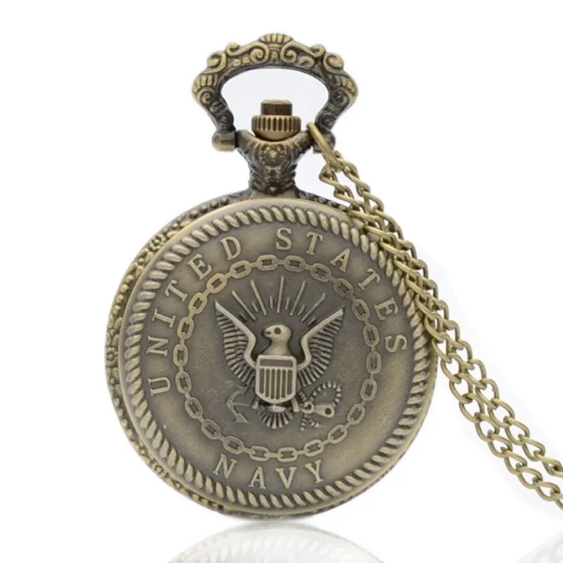 

IBEINA United States Navy Theme Full Hunter Quartz Engraved Fob Retro Pendant Pocket Watch Chain Gift Fire Fighter Theme