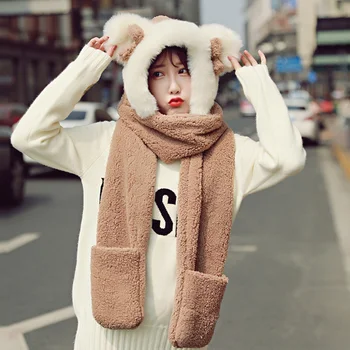 

3 In 1 Washable Outdoor Soft Women Winter Hat Plush Cute Fashion Sweat Absorb One Piece With Gloves Warm Scarve Solid Thick