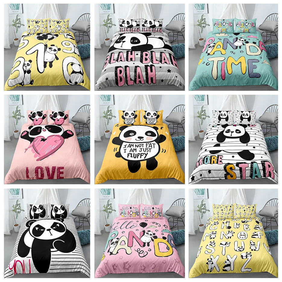 

Luxury Cartoon Printed Panda Letters Pattern Bedding Set 2/3pcs Duvet Cover Pillowcase 3D Bed Sets Home Textile