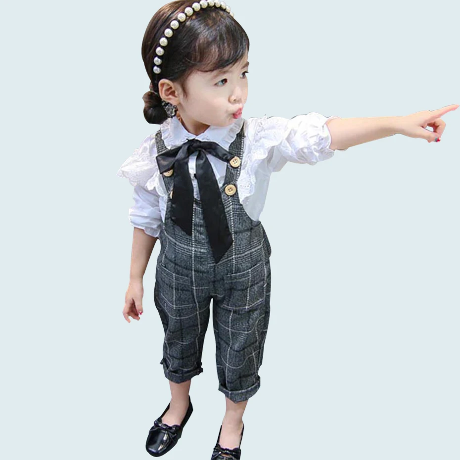Baby Clothes Lace White Shirt + Jumpsuit 2 Pcs Girls Outfits Plaid Overalls Spring Autumn Formal Suit For | Детская одежда и обувь
