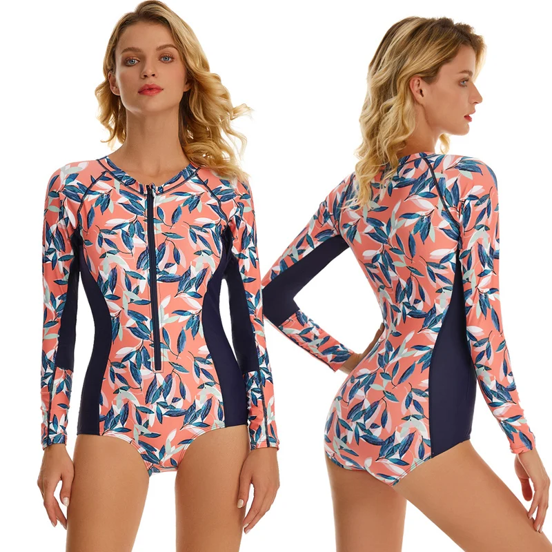 Diving One Piece Swimsuit Print Long Sleeve Women Swimwear Bathing Suit Rash Guard Surfing Swimming Suit Rashguard big size 2XL