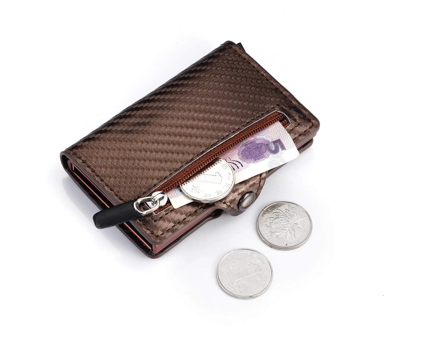 Bycobecy RFID Top Quality Carbon Fiber Credit Card Holder Business Men Button Wallet New Male Coin Purse ID Holder with Zipper