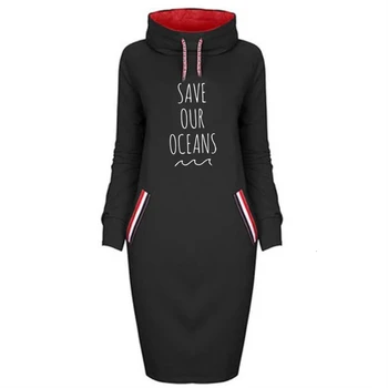 

Save Our Oceans Letters Print Hoodies For Women Long High Collar Dress Hoodies Kawaii Sweatshirt Femmes Sweatshirts