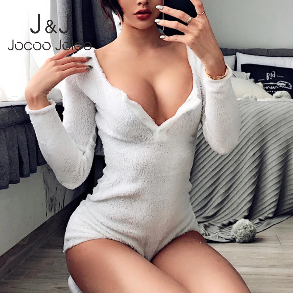 

Jocoo Jolee Sexy Button V Neck Short Jumpsuits Women Elegant Winter Long Sleeve Flannel Bodysuits Female Overalls Casual Romper