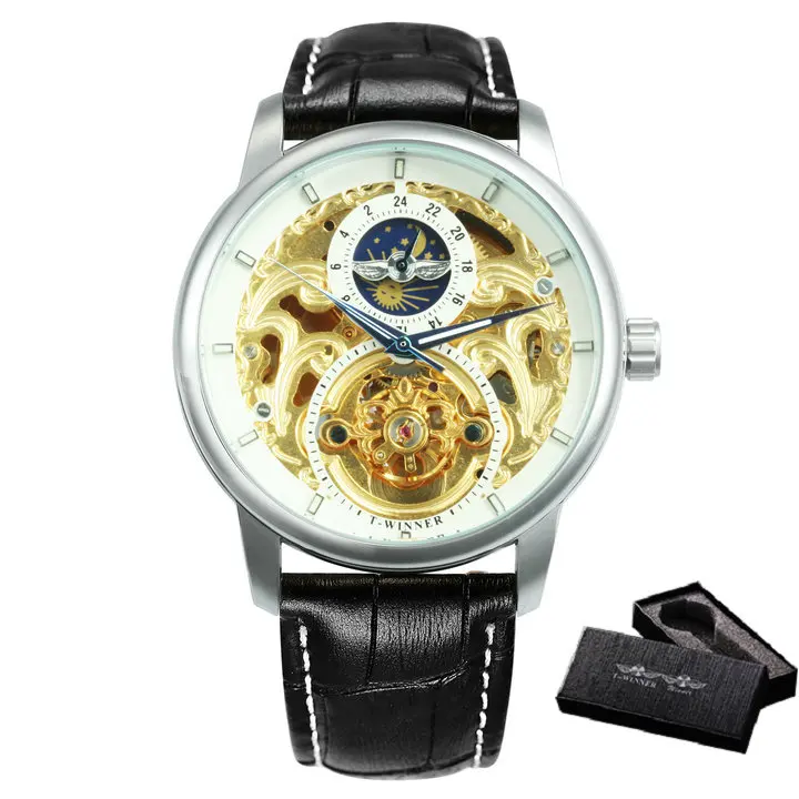 WINNER Mechanical Watch Men Moon Phase Carved Skeleton Dial Mens Watches Luxury Brand Design Fashion Wrist Watch For Men Leather 