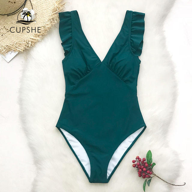 CUPSHE Green Teal Plunging Solid OnePiece Swimsuit Women Ruffle Ruched