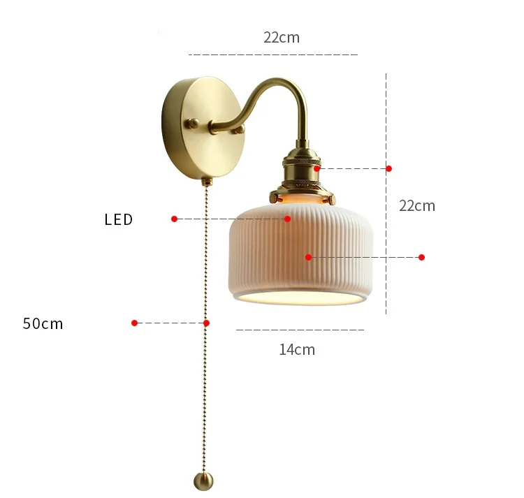 Description Picture 3 of itemIWHD Ceramic Copper Arm Wall Lamp Beside Pull Chain Switch Bedroom Bathroom Stair Japan Style Nordic Modern Wandlamp Applique
