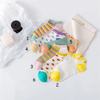 

Women Fashion Patchwork Color Dot Cotton Socks Striped Smiling Face Breathable Socks For Female Joker College Style Sox Trendy