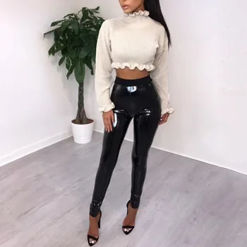 

New PU Leather Pants Women High Waist Pants Stretchy Push Up Skinny Tight Ladies Solid Brief Casual Pant Capris Womens Clothing