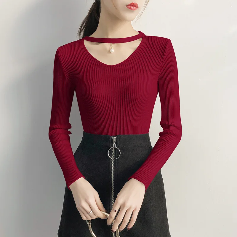 Модный свитер женский осень зима длинный рукав сексуальный v-образный вырез свитера Топы базовый мягкий тонкий вязаный пуловер бордовый
