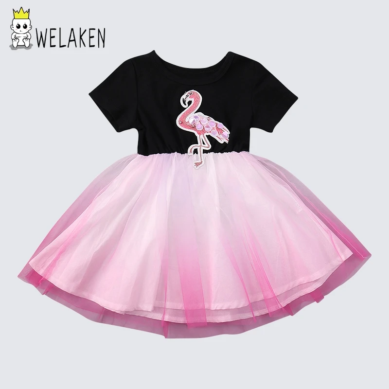 

welaken Flamingo Dress For Toddler Girls Lace Mesh Ball Gown Short Sleeve Cartoon Pattern Fashion Casual Wear Babes Dresses