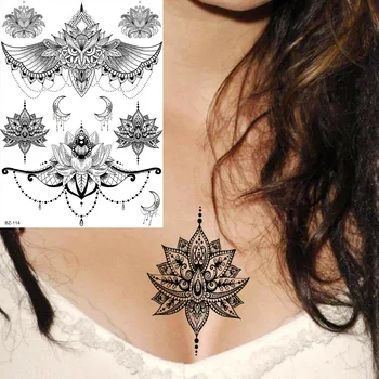 Mandala Henna Flower Black India Owl Saturna Tattoos Temporary Custom Waterproof Fake Tatoo Stickers Body Arm Chest Tattoo Women