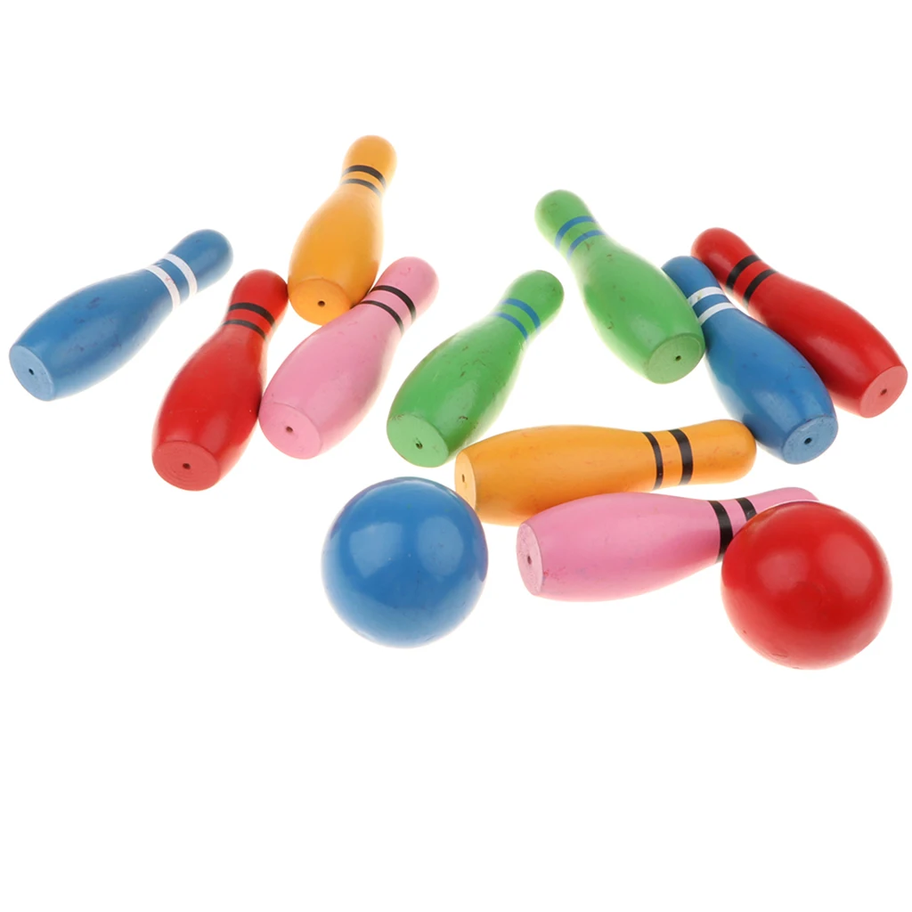 Fun Kids Child Colored Wooden 10 Pins 2 Balls Bowling Set Skittles Game Toys