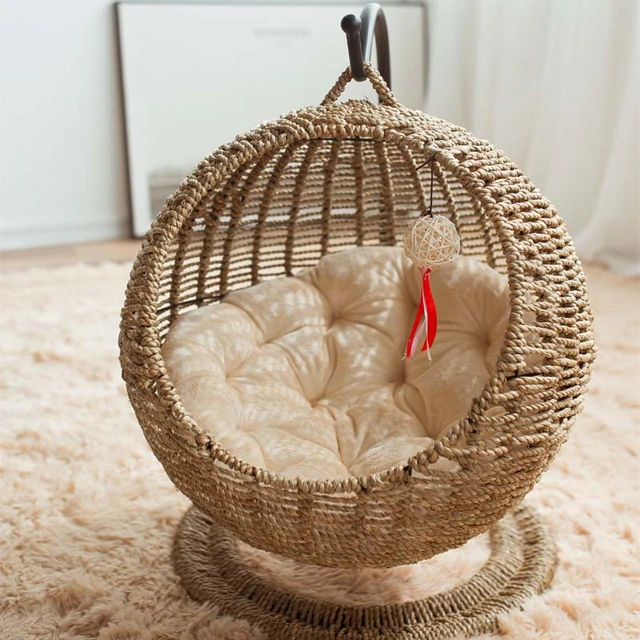 Rattan Cat Bed Handmade Cat House Round Pet Hammock Warm Cushion