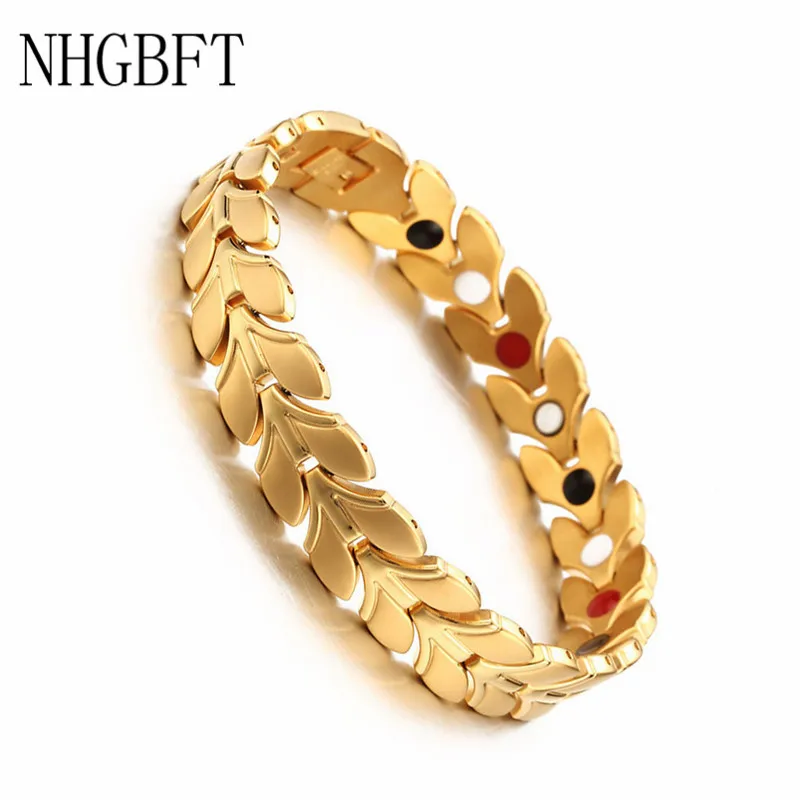 

NHGBFT Leaf shape Gold Color Health Magnetic Bracelets For Women Mens Wheat Chain Power Bracelet Bangle