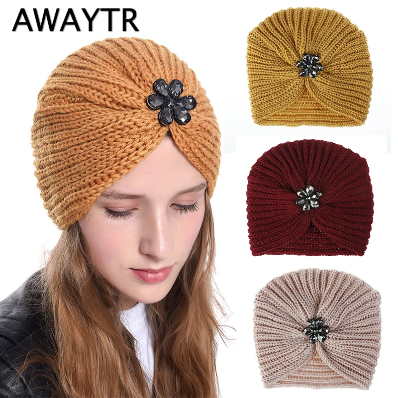 

AWAYTR Bohemian Style Winter Wool Hat Ladies Flower Drill Rhinestone Knit Cap For Women Turbans Fashion Hair Accessories