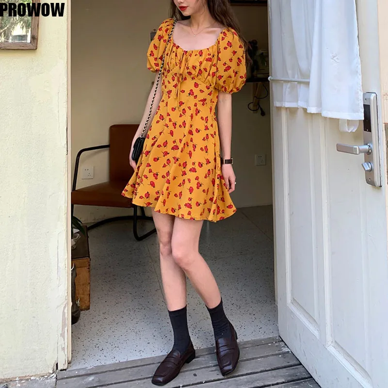 2020 Women Korean Floral Dresses Summer Slim Waist Mini A-Line Dresses Lace Up Puff Short Sleeve dress Vestidos Femme