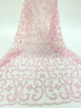 

5 yards Gorgeous Pink French lace with sequins beads textured African tulle lace mesh fabric beautiful and shiny