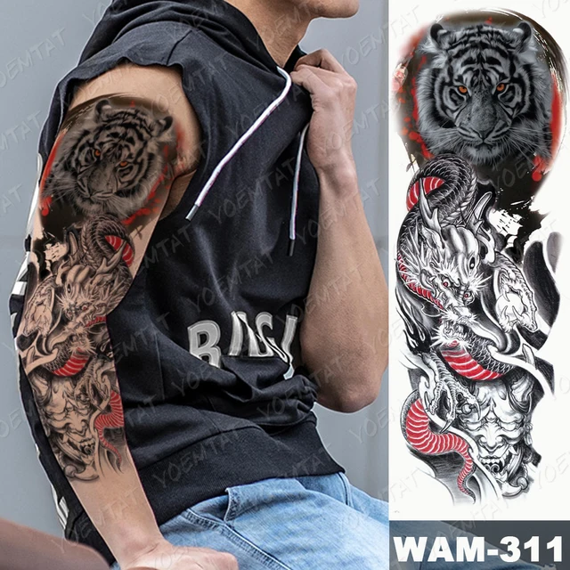 Large Arm Sleeve Tattoo Dragon Fire Tiger Buddha Waterproof Temporary Tatto Sticker Prajna Body Art Full Fake Tatoo Women Men Temporary Tattoos Aliexpress