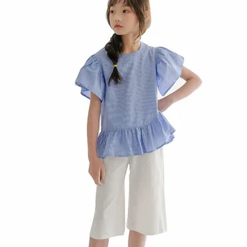 

YourSeason 2020 Summer New Fashion Kids Girls Irregular T-shirt Flare Sleeve Teen Girls Plaid Loose Casual Tshirt Tops Sky Blue