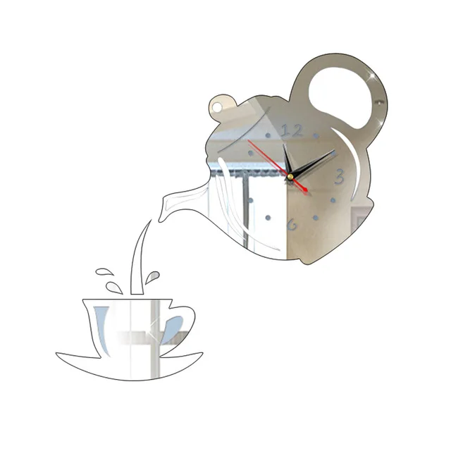 SUEF 3D чайник Часы настенные зеркальные эффект часы Акриловые DIY настенные наклейки форма кофейной чашки украшение для дома и кухни@ 2 - Цвет: C