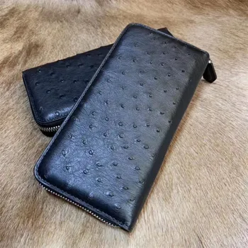 

Authentic Exotic Real Ostrich Skin Men's Classical Zipper Black Wallet Large Card Holders Genuine Leather Male Long Clutch Purse