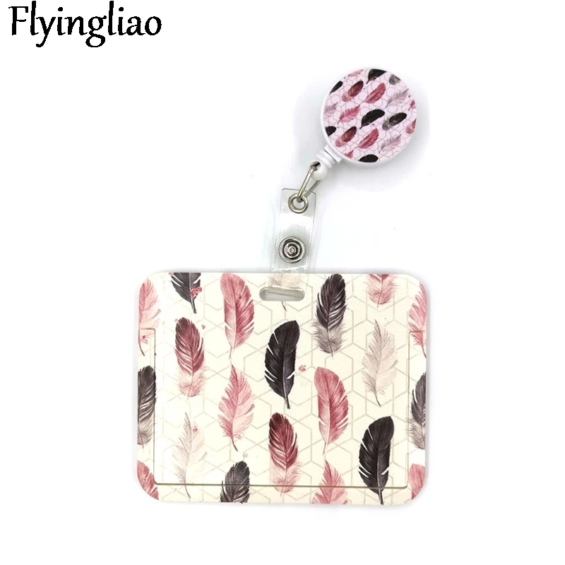 Black Pink Leaves Feathers Cute Card Cover Clip Lanyard Retractable Student Nurse Badge Reel Clip Cartoon ID Card Badge Holder grey lovely cute cats cute card cover clip lanyard retractable student nurse badge clip cartoon id card badge holder accessories