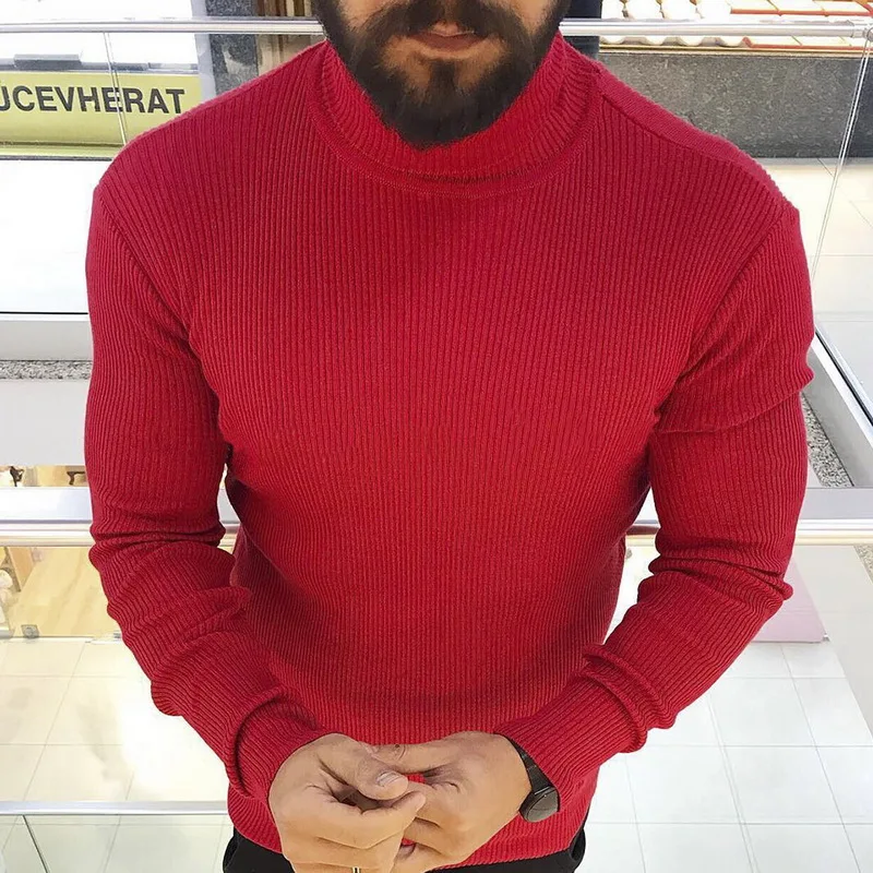 

Men Fashion Turtleneck Long Sleeve Knit Pullovers Male Solid Color Slim Fit Jumpers Warm Korean Style Casual Sweater 2019 New