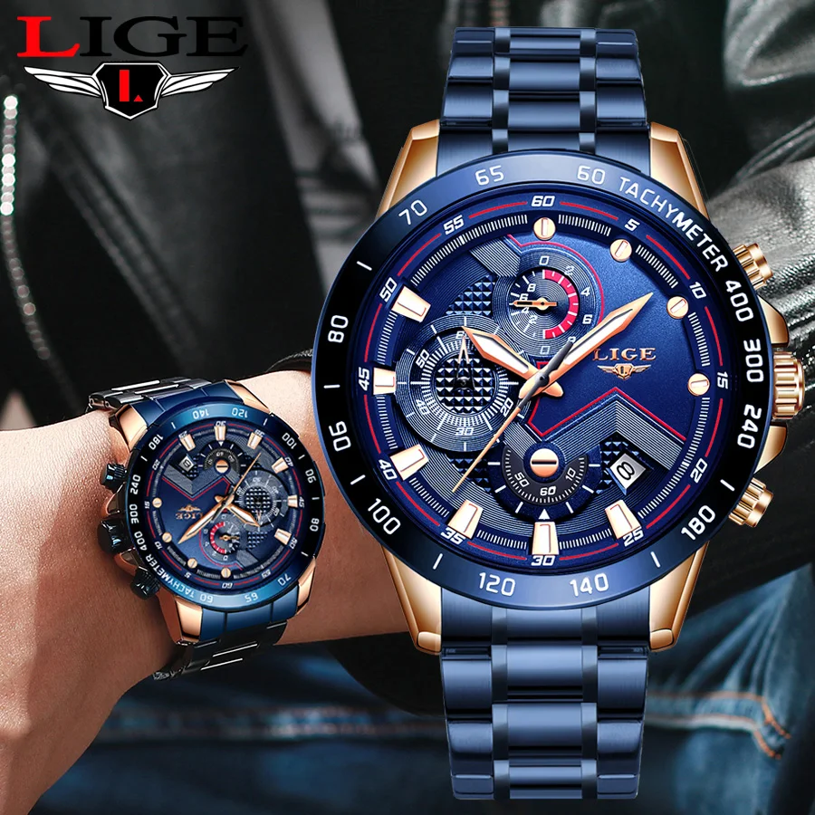 Relogio Masculino Men Watch Lige Top Brand Luxury Blue All Steel Wrist Watch Chronograph Army Milit-6