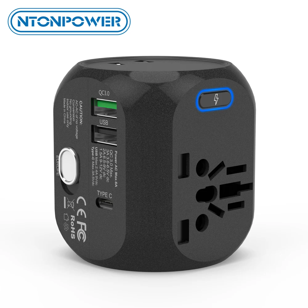 

NTONPOWER Universal Adapter All-In-One International Travel Plug Adapter with Type-C QC3.0 Wall Charger for US/EU/AU/UK