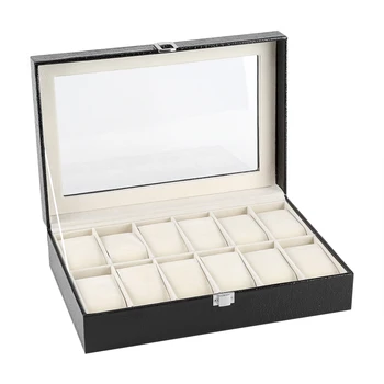 

Soft Velvet Watch Storage Carrying Wood Box 12 Pillow Slots With Glass Lid Bracelet Bangle Display Showcase Organizer