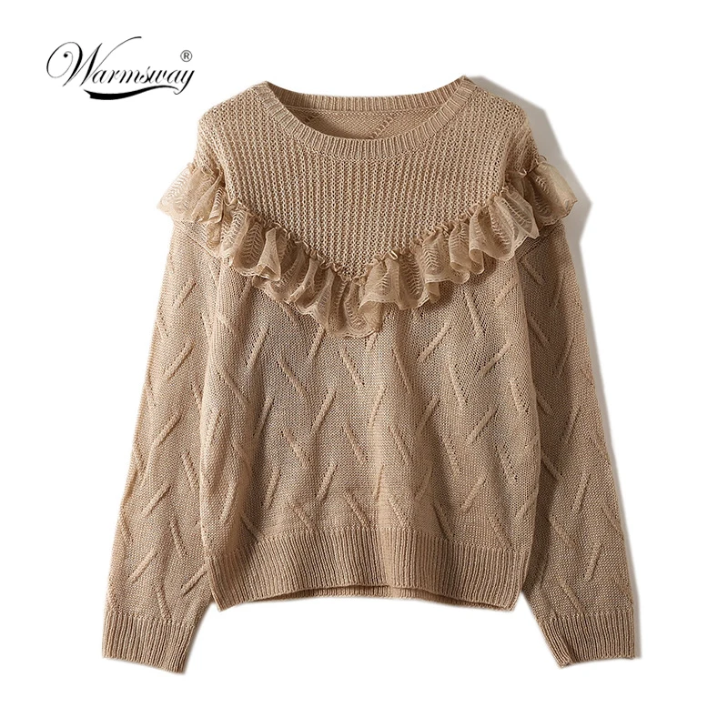 

2019 knitted pullover sweater women O neck ruffle long sleeve jumper Casual autumn knitting pull femme B-187